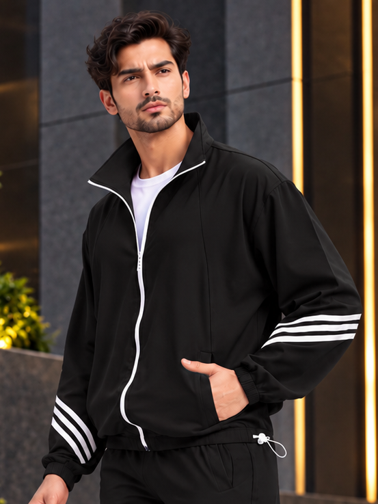 STREETWEAR THREE STRIPE JACKET FULL ZIPPER BLACK