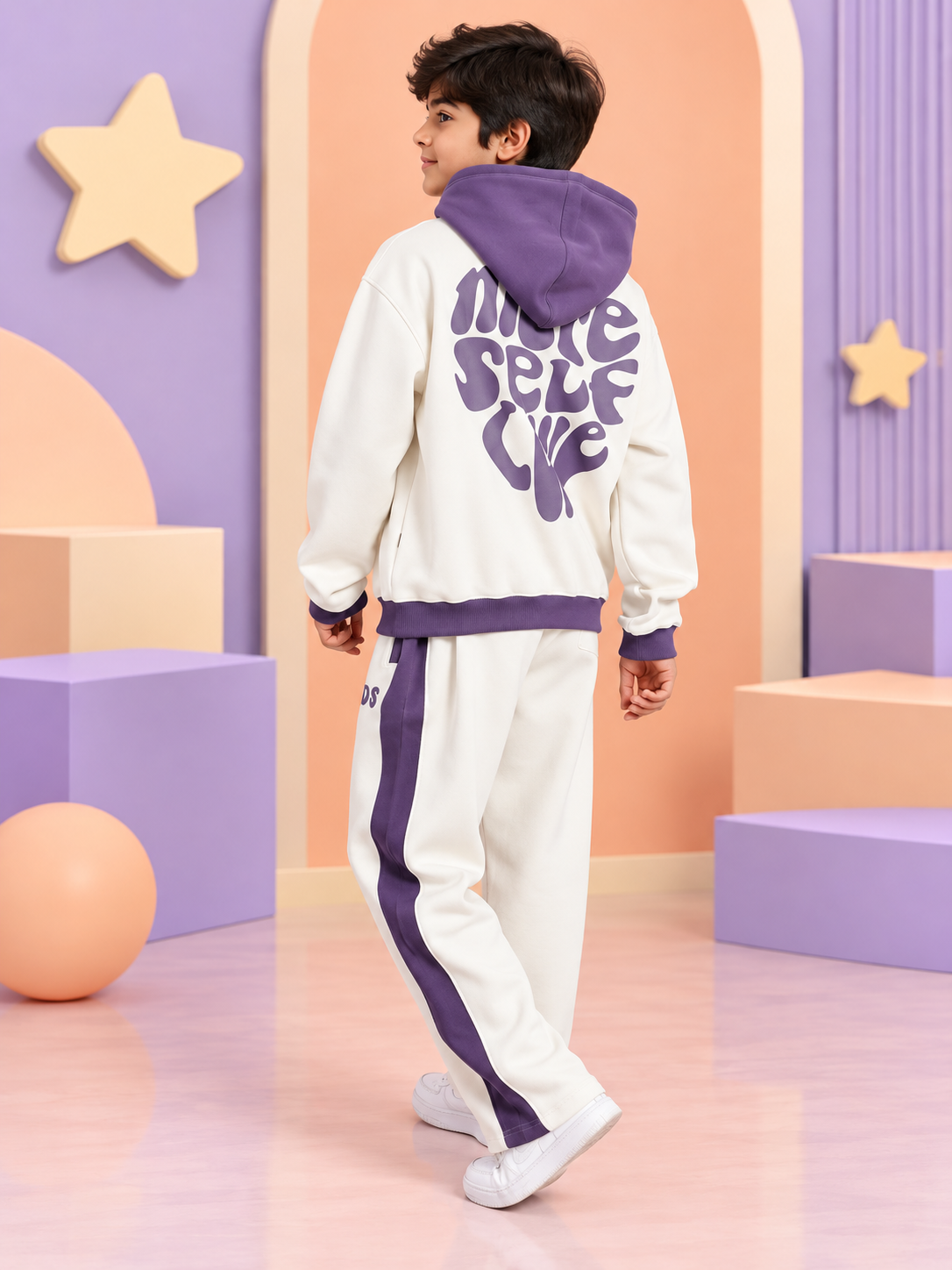 SELF LOVE FLEECE OVERSIZED CO-ORD FOR KIDS WHITE VIOLET