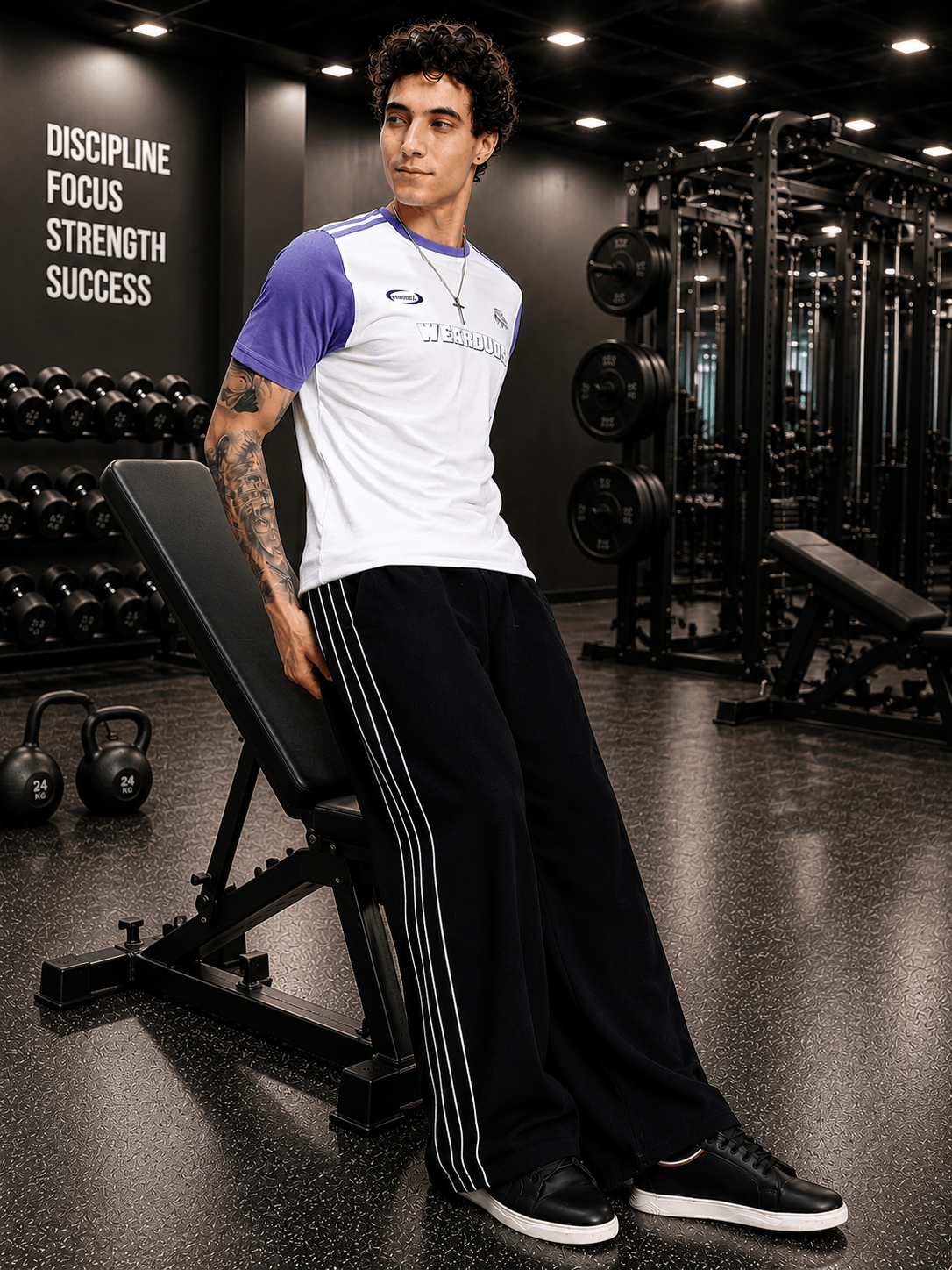 BLACK OUT-FIT JOGGERS BLACK model in gym setting wearing sporty outfit with weights in background.