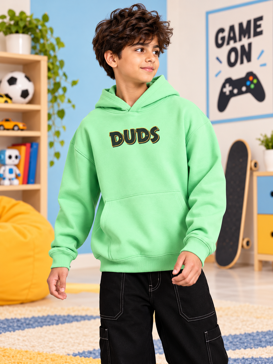 JUDY NICK ZOOTOPIA FLEECE HOODIE KIDS GREEN worn by boy in playroom with DUDS graphic print