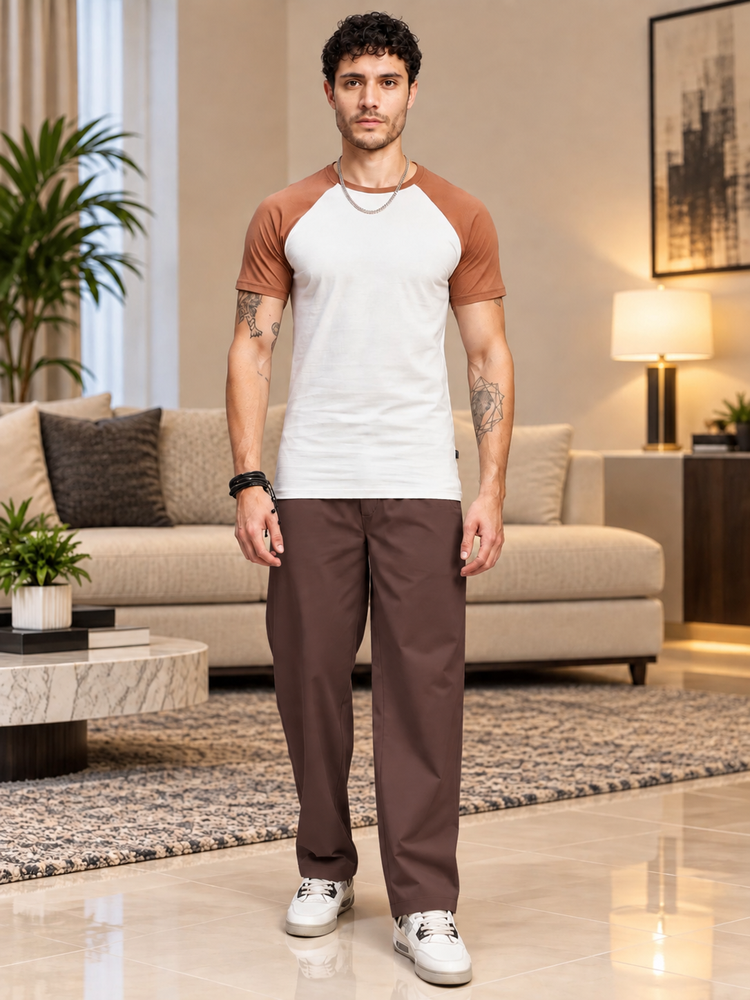 COMFORTABLE STRAIGHT CASUAL PANTS DARK BROWN