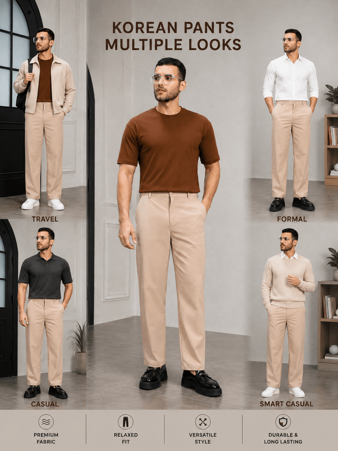 HIGH-FLEX TAILORED PANTS BEIGE styled for travel, formal, casual, and smart casual looks in a modern setting.