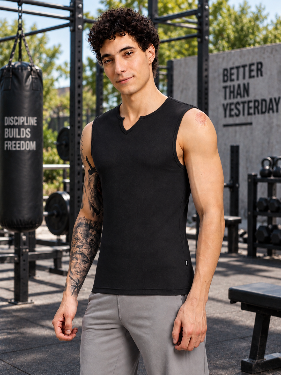 SLEEVELESS WORKOUT COTTON T-SHIRT BLACK