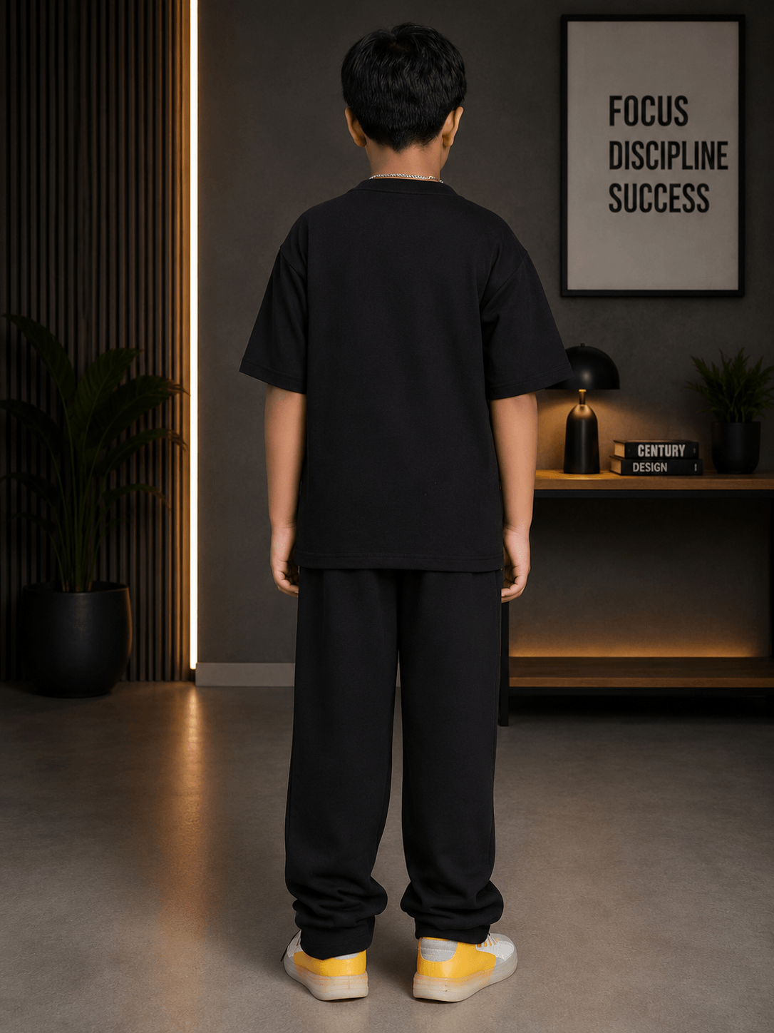 YOUTH CONTREST PIPING CO-ORD FOR BOYS GIRLS BLACK worn by a child, showcasing the back view in a modern indoor setting.