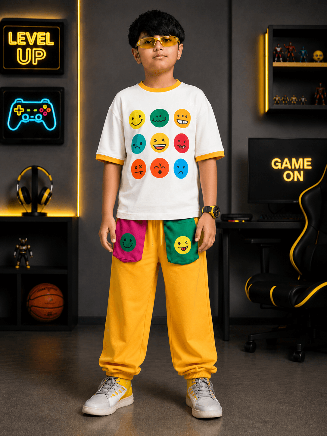 EMOJI VIBES CO-ORD FOR BOYS GIRLS WHITE YELLOW worn by a boy with colorful emoji patterns and yellow pants.