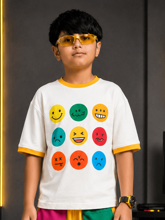 EMOJI VIBES T-SHIRT FOR BOYS GIRL WHITE worn by a boy with a fun emoji pattern in bright colors.