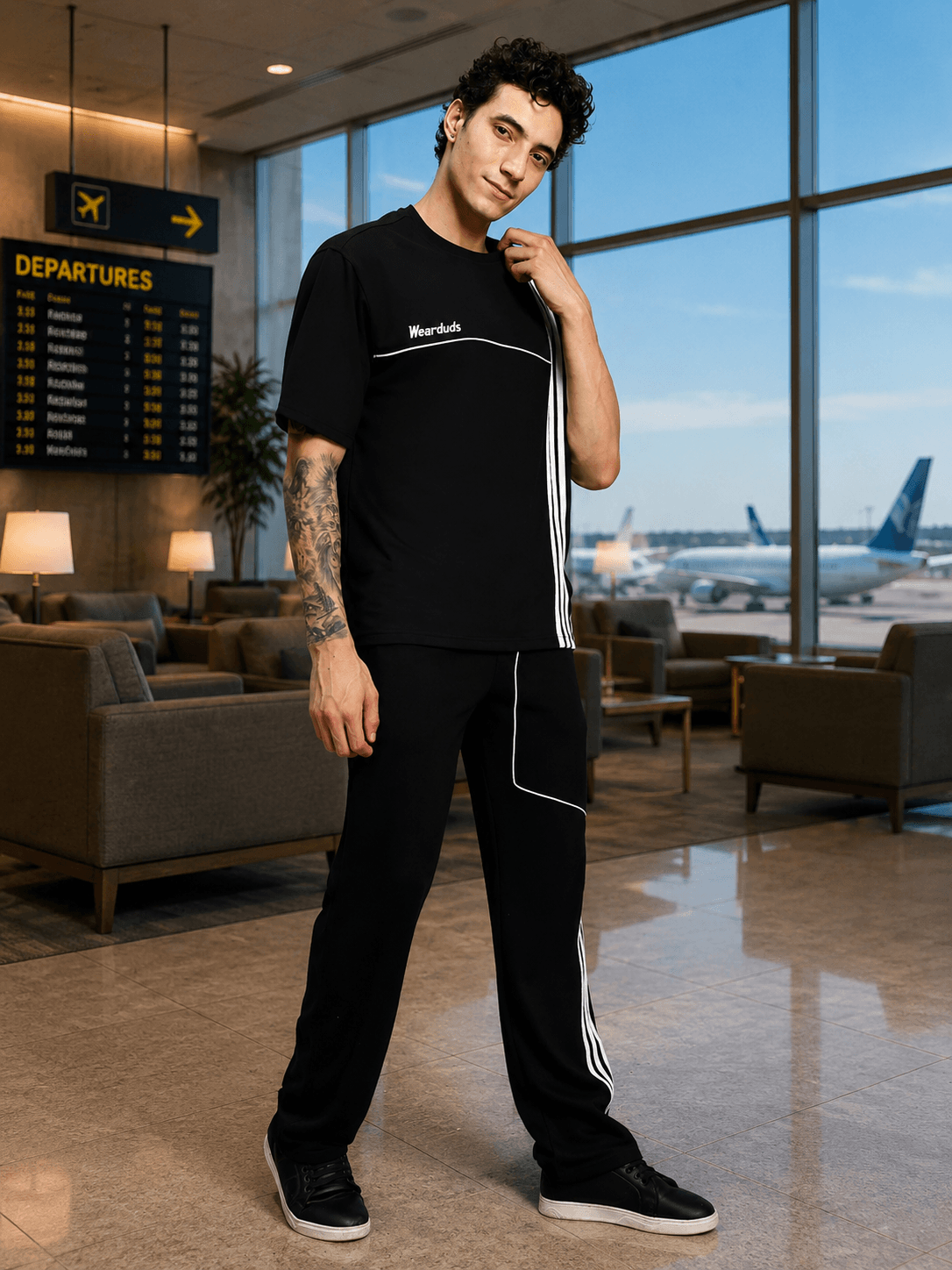 Young man wearing YOUTH CONTREST PIPING CO-ORD SET BLACK at airport with departure signs in background.
