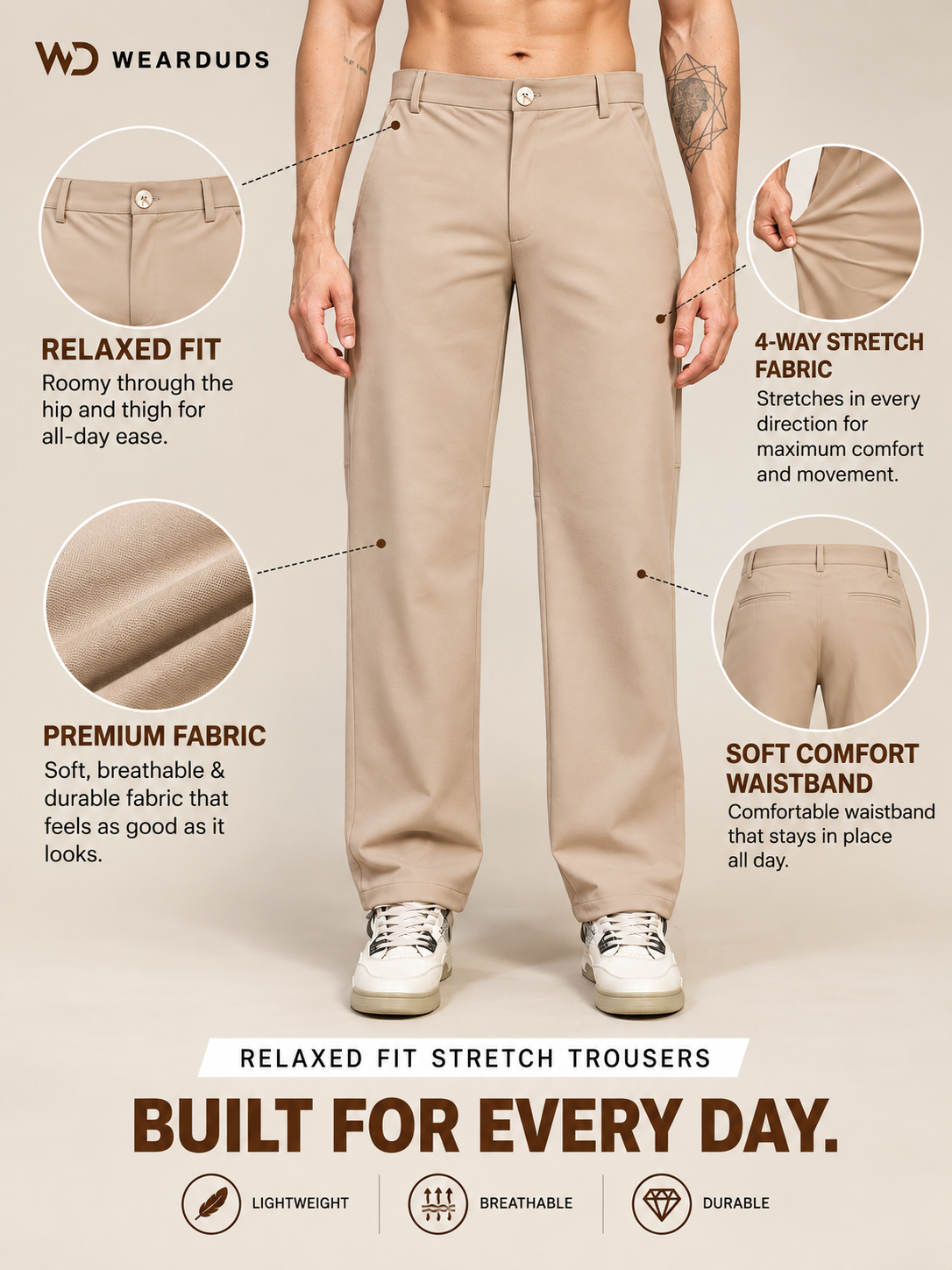 STRETCH STRAIGHT CASUAL PANTS BEIGE