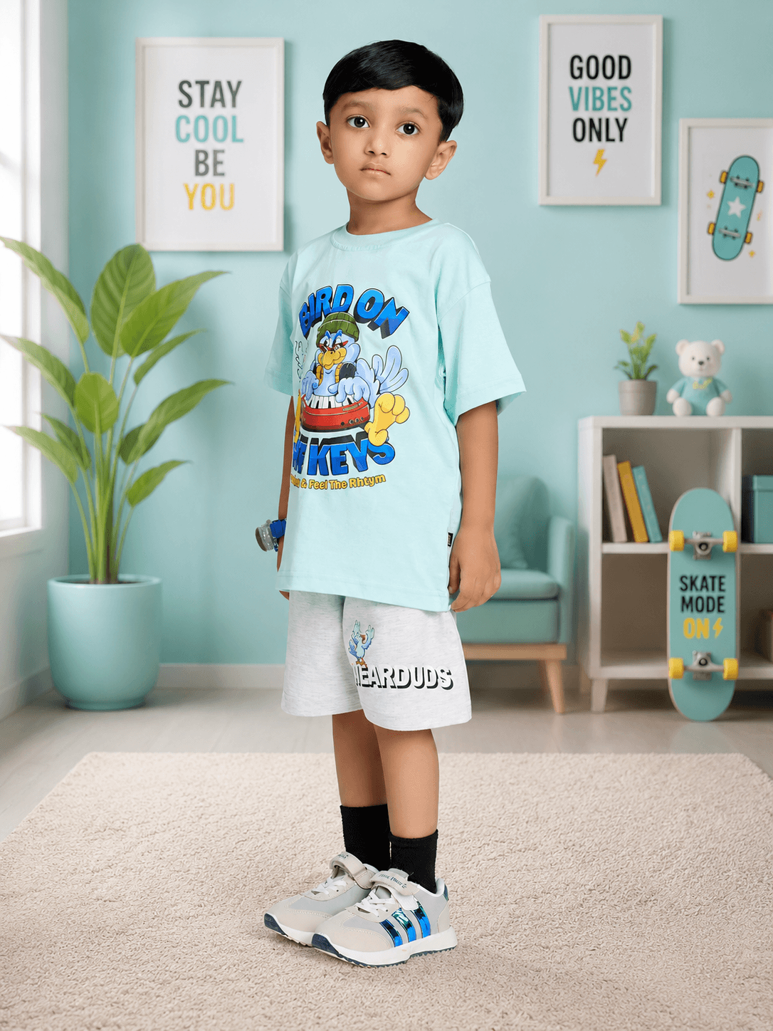BIRD ON THE KEYS CO-ORD FOR BOYS GIRLS SKY BLUE LIGHT GRAY