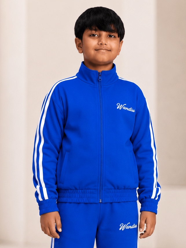 SPORTY ZIP UP JACKET FOR BOYS GIRLS ROYAL BLUE worn by a boy, showcasing a trendy zip-up design in royal blue.