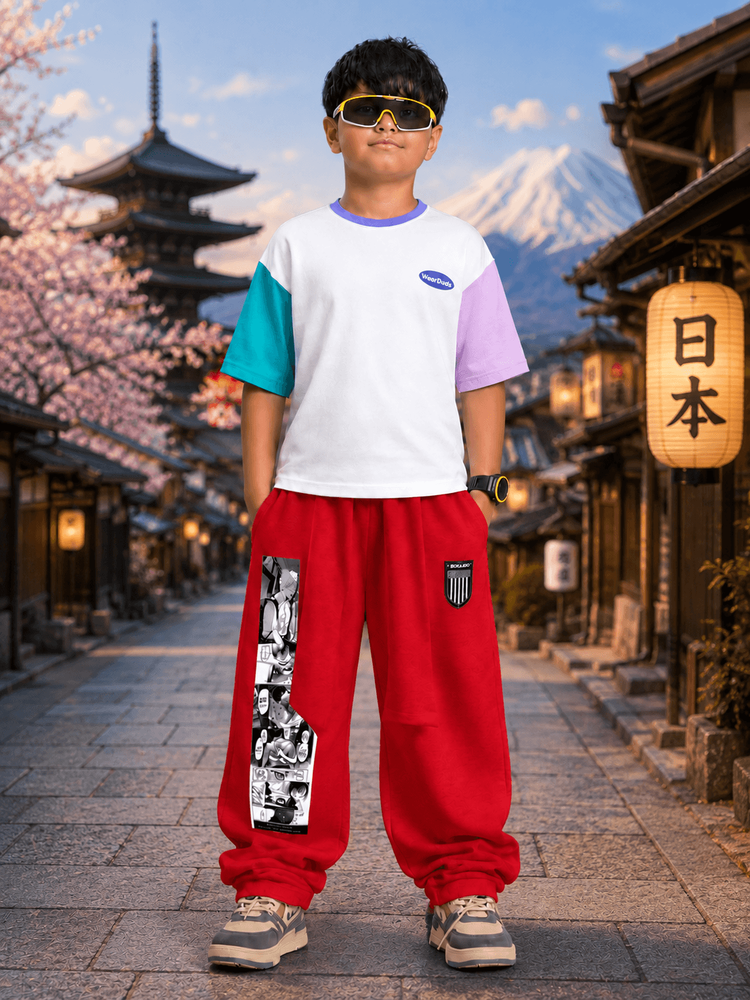 Boy wearing CHILL JOGGER FOR BOYS GIRLS RED with a colorful t-shirt in a scenic outdoor setting.