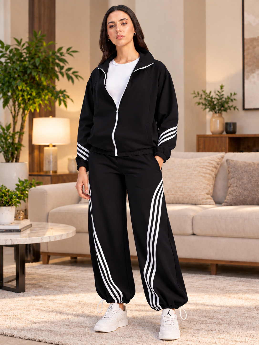 WOMEN STREETWEAR THREE STRIPE CO-ORD SET FULL ZIPPER BLACK