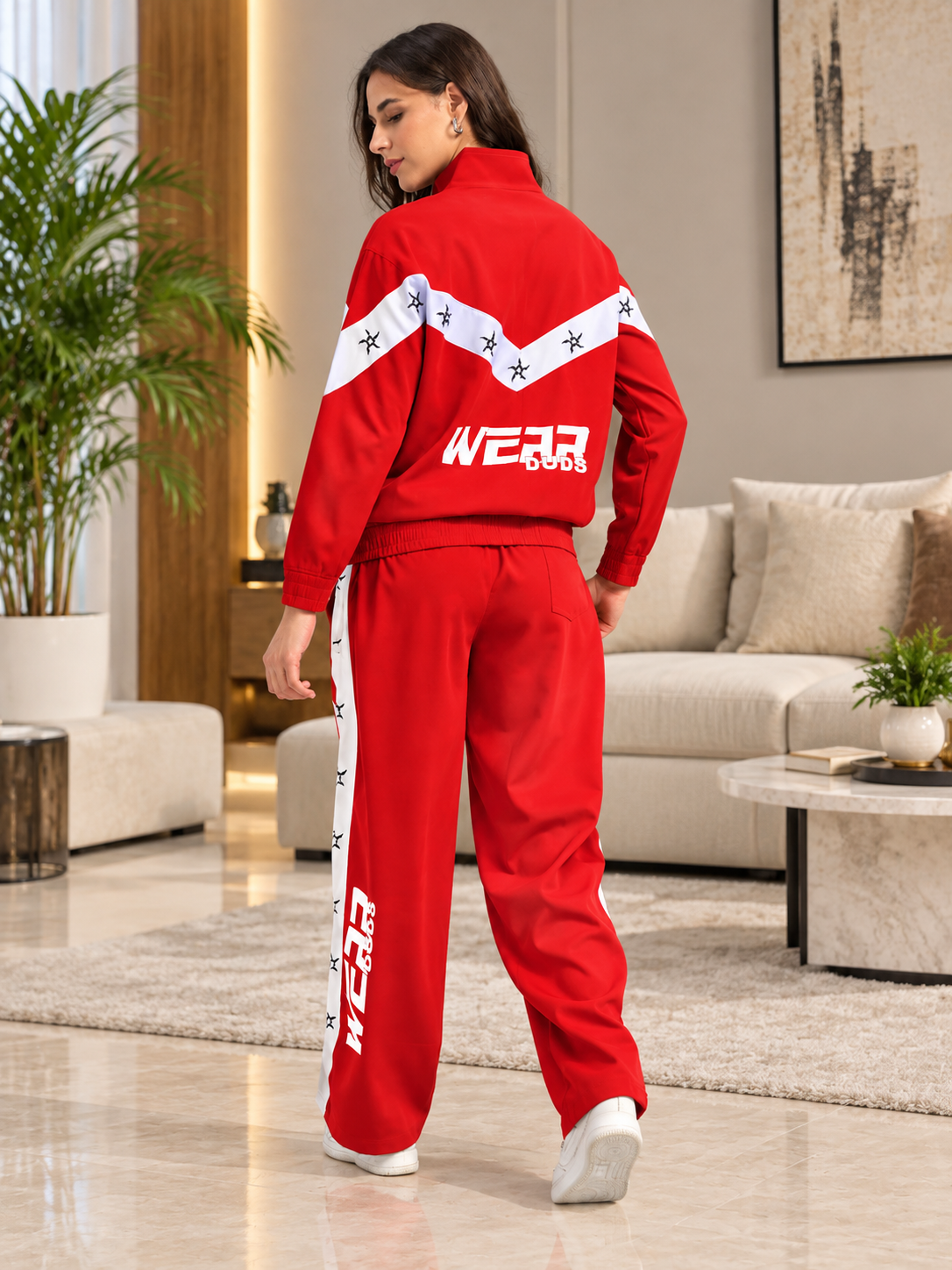 WOMEN MATCHING LOOSE FIT CO-ORD SET RED WHITE
