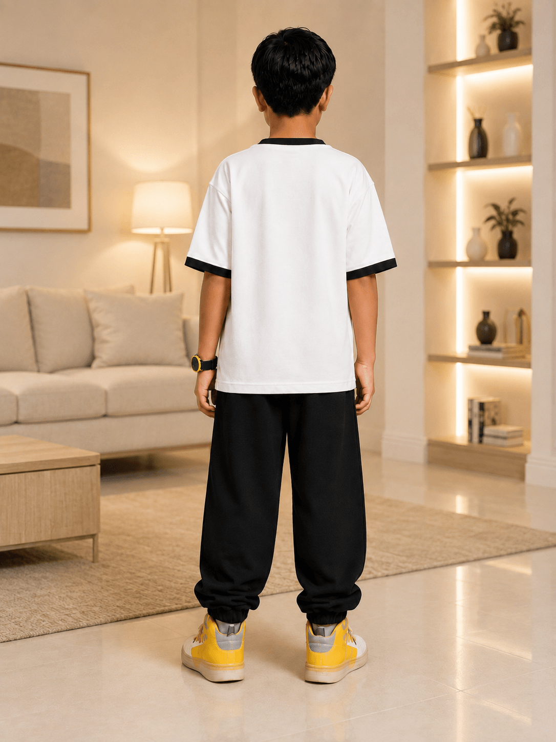 Back view of child wearing EMOJI VIBES CO-ORD FOR BOYS GIRLS WHITE BLACK in a stylish modern setting.