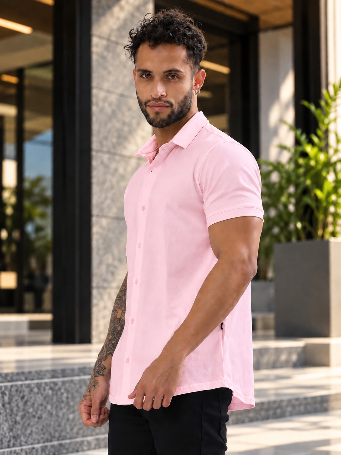 NOIR BLUSH PINK HALF SLEEVES STRETCHABLE SHIRT