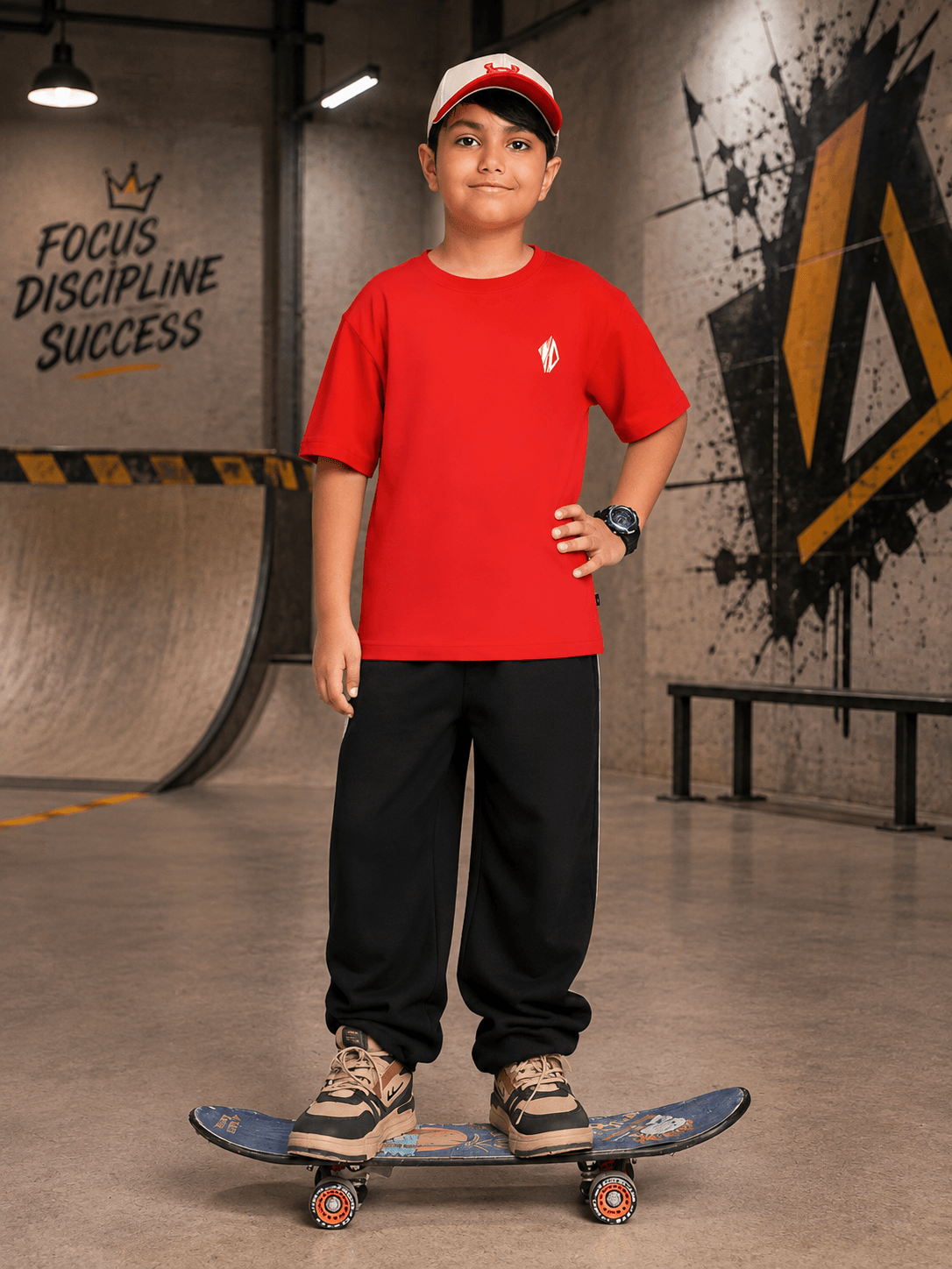 NEO STREET DROP CO-ORD FOR BOYS GIRLS BLACK RED boy skateboarding in red t-shirt and black pants
