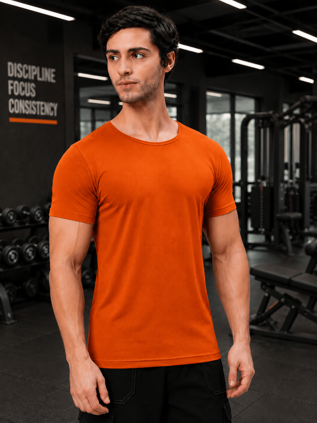 BEDROCK FIT REGULAR FIT T-SHIRT ORANGE modeled by a man in a gym setting with weights.
