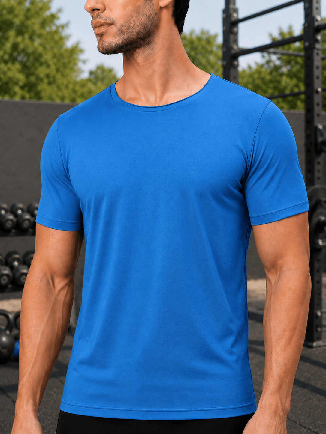 BEDROCK FIT REGULAR FIT T-SHIRT ROYAL BLUE worn by a model, showcasing vibrant color and athletic fit.