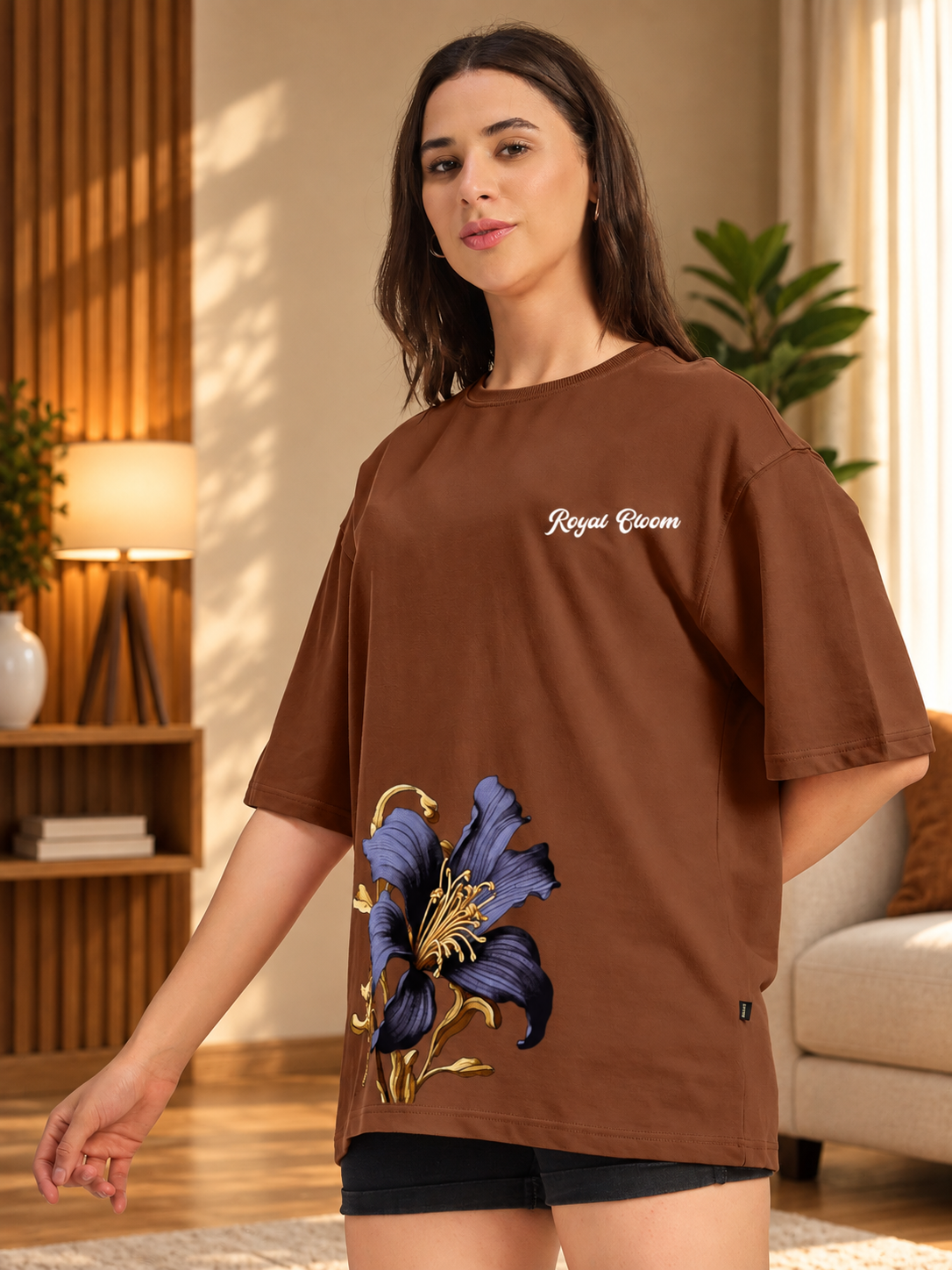 WOMEN ROYAL BLOOM FLORAL T-SHIRT BROWN