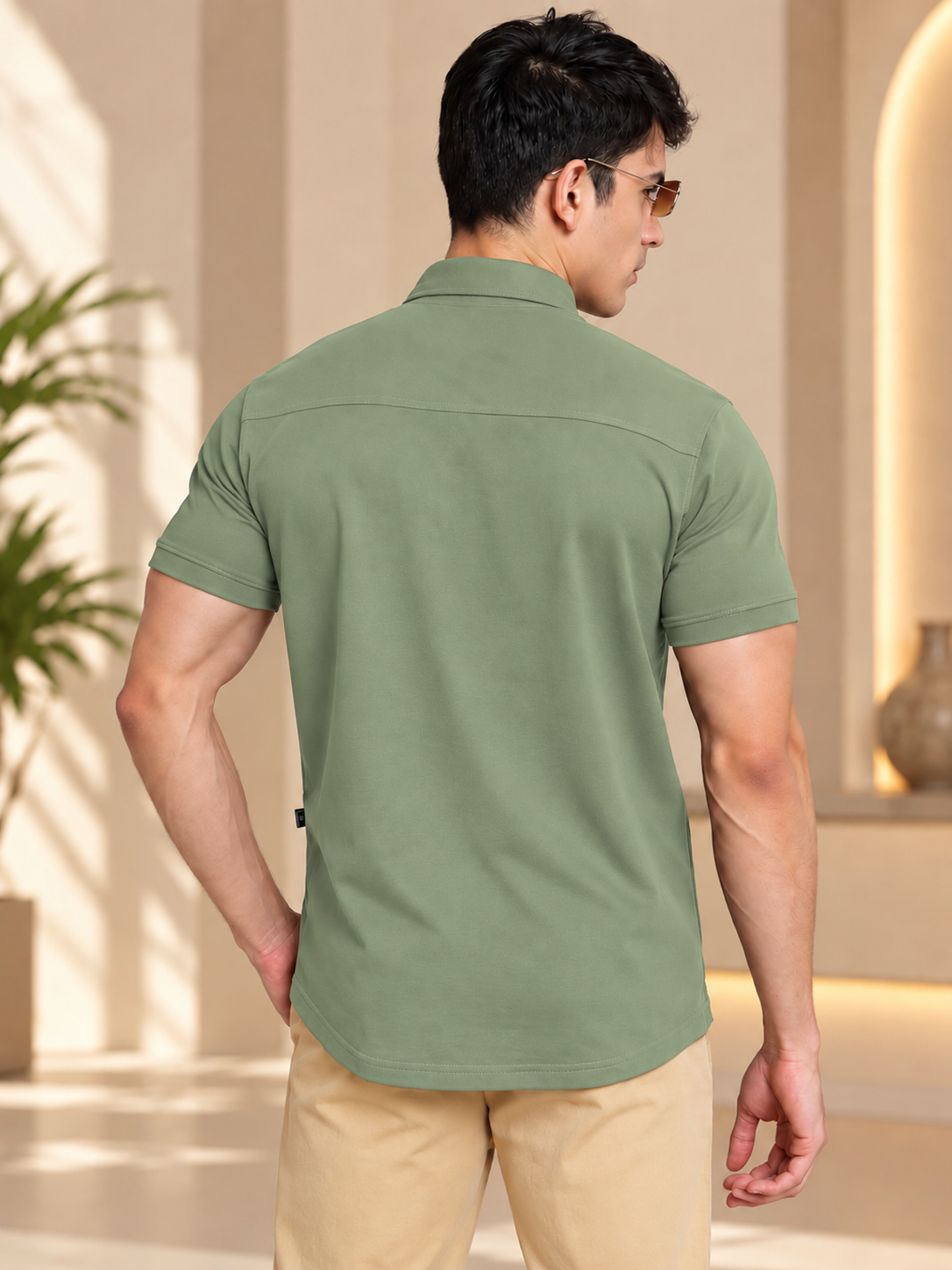 NOIR SAGE GREEN HALF-SLEEVE SHIRT SLIM FIT