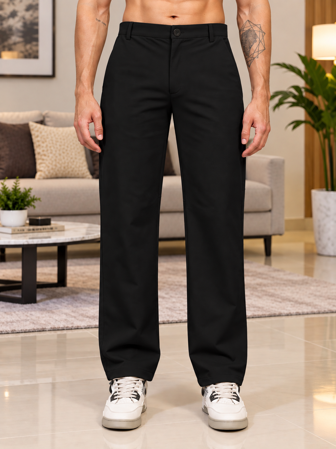 STRETCH STRAIGHT CASUAL PANTS BLACK