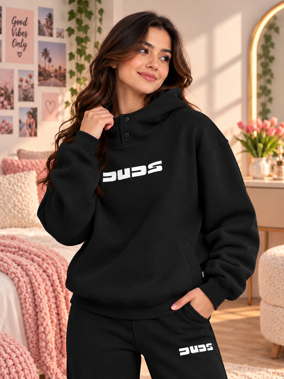 WOMEN SHOOTER COTTON FLEECE CO-ORD BLACK