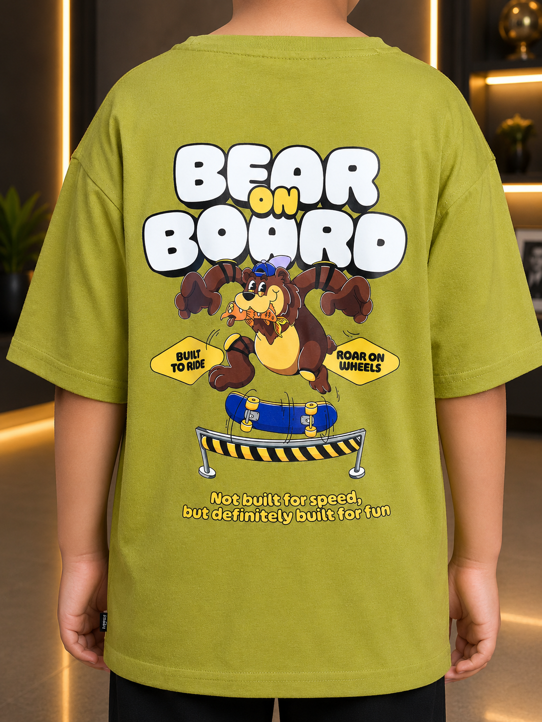BEAR ON BOARD T-SHIRT FOR BOYS GIRLS OLIVE GREEN