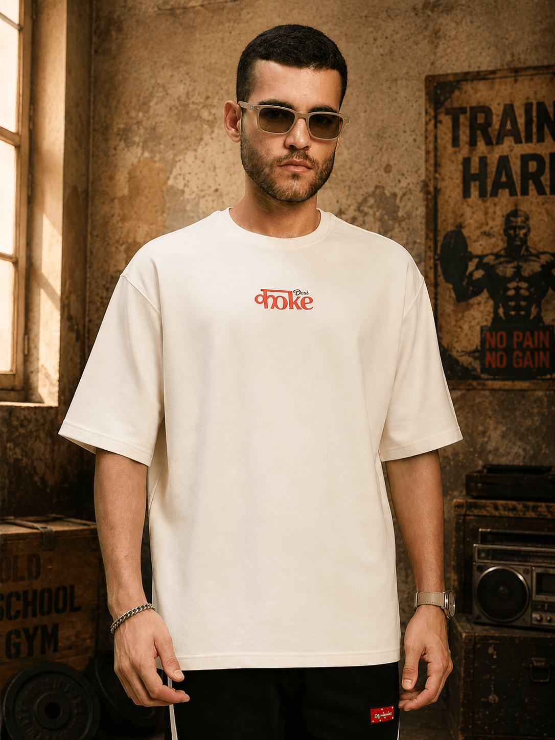 CREATIVE SLOGAN DUAL TEXT T-SHIRT CREAM worn by a model in a stylish urban setting.