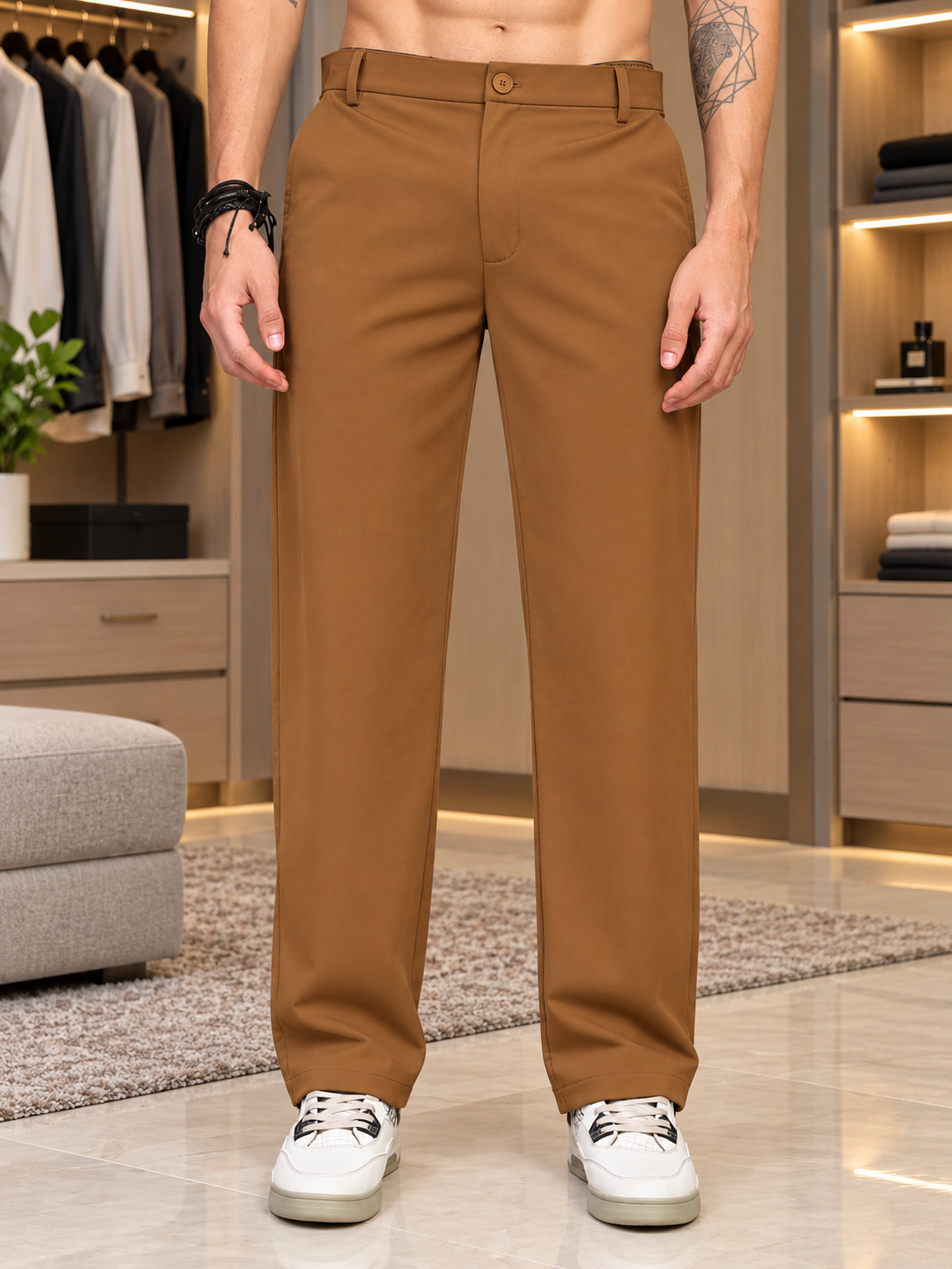 COMFORTABLE STRAIGHT CASUAL PANTS BROWN