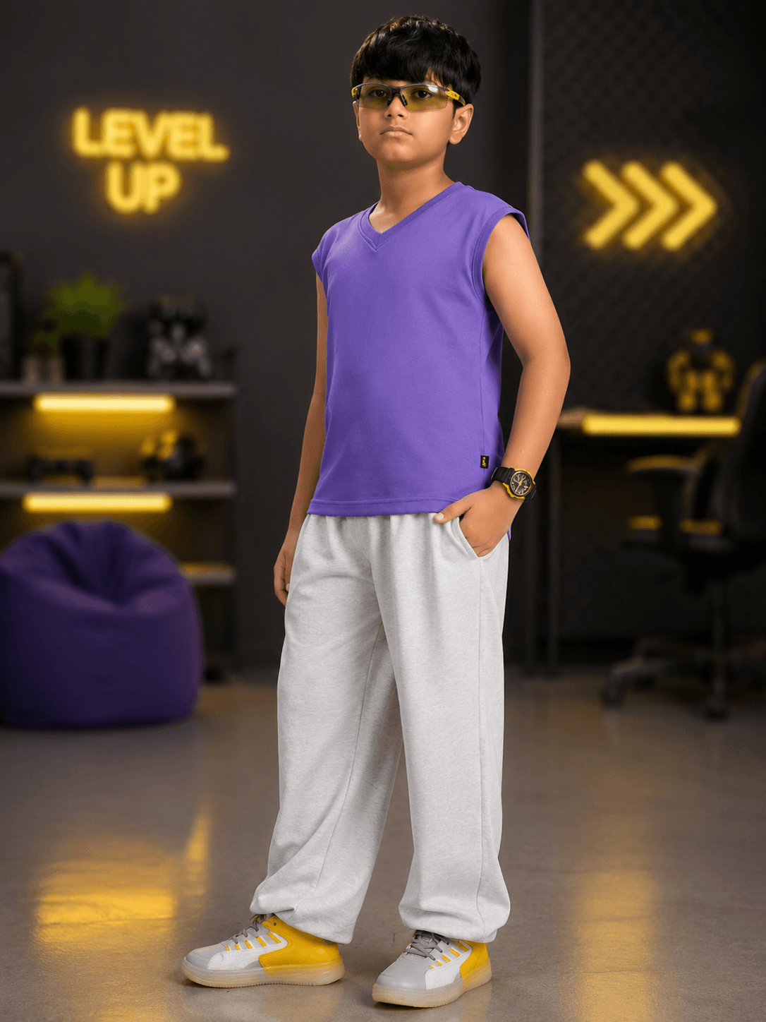 LEVELUP GAMER CO-ORD FOR BOYS GIRLS PURPLE WHITE worn by a boy in a stylish purple outfit with grey pants.