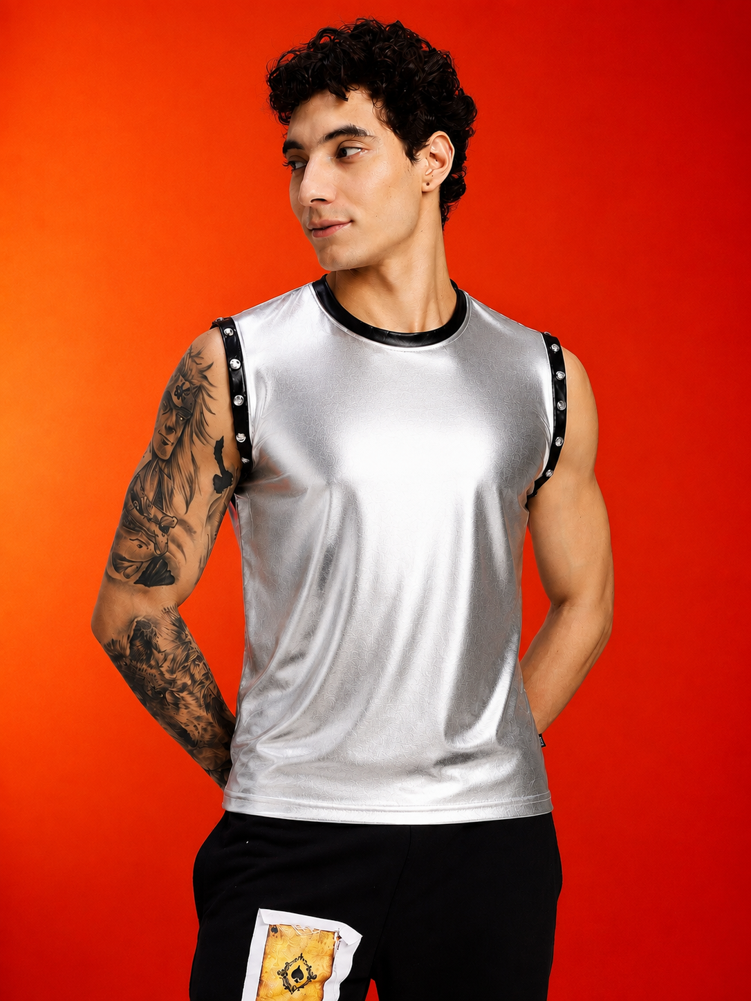 SHINY FOIL TANK SLEEVELESS GYM T-SHIRT SILVER