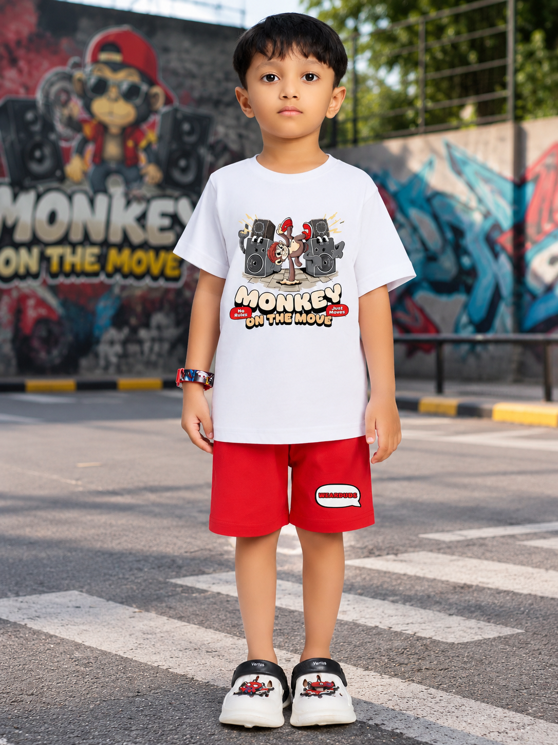 MONKEY BEATS GRAPHIC CO-ORD FOR BOYS GIRLS WHITE RED