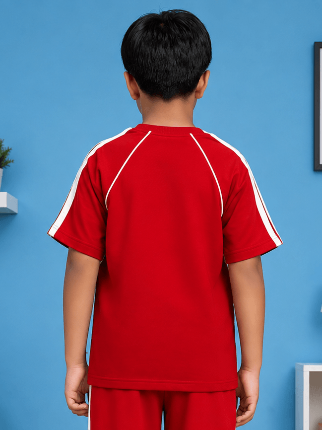 KIDS ROSTER T-SHIRT BOYS GIRLS RED WHITE back view on child showcasing vibrant red color and sporty design.