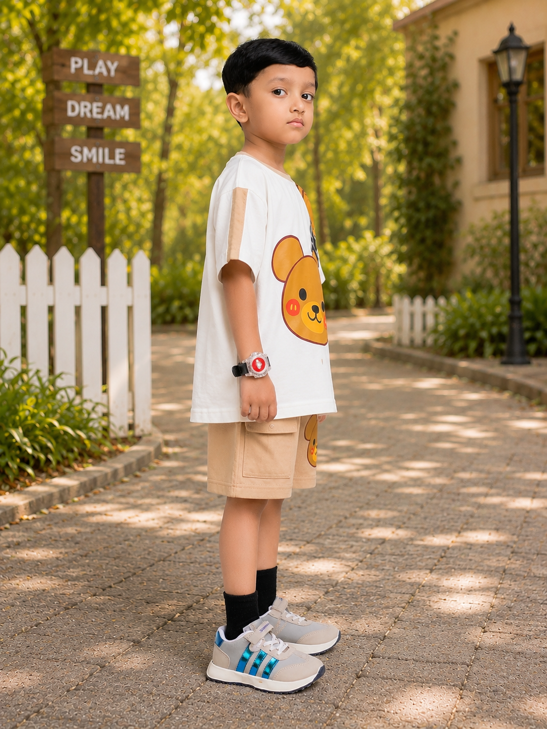 TINY TREND BEAR CO-ORD FOR BOYS GIRLS WHITE BEIGE