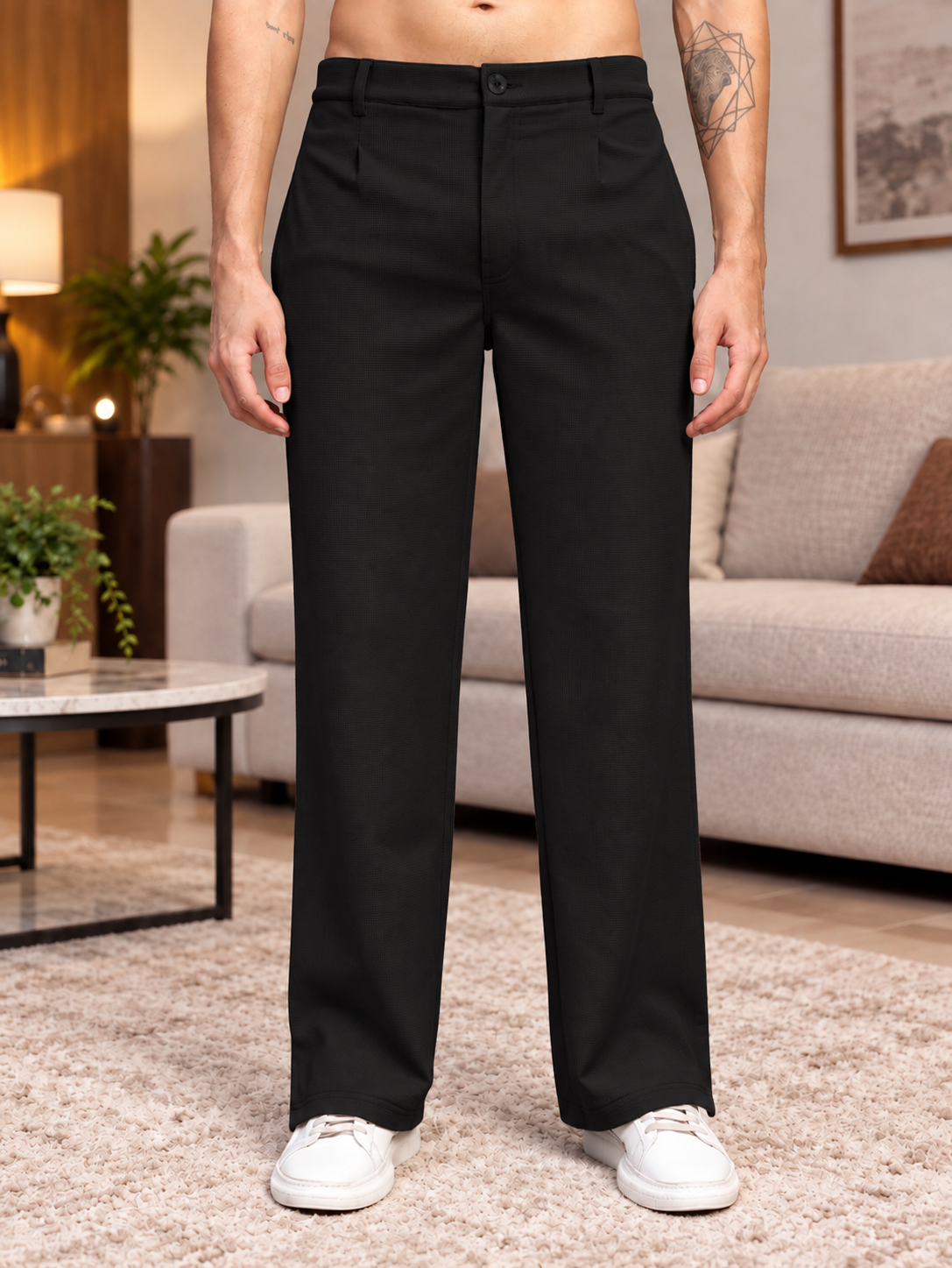 SNAP BUTTON TEXTURED FIT PANTS BLACK