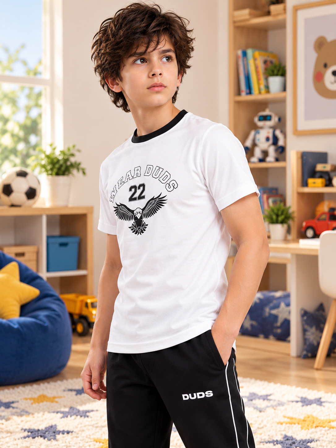 Kids White Eagle Wings Regular Fit T-Shirt worn by boy in playroom with black joggers