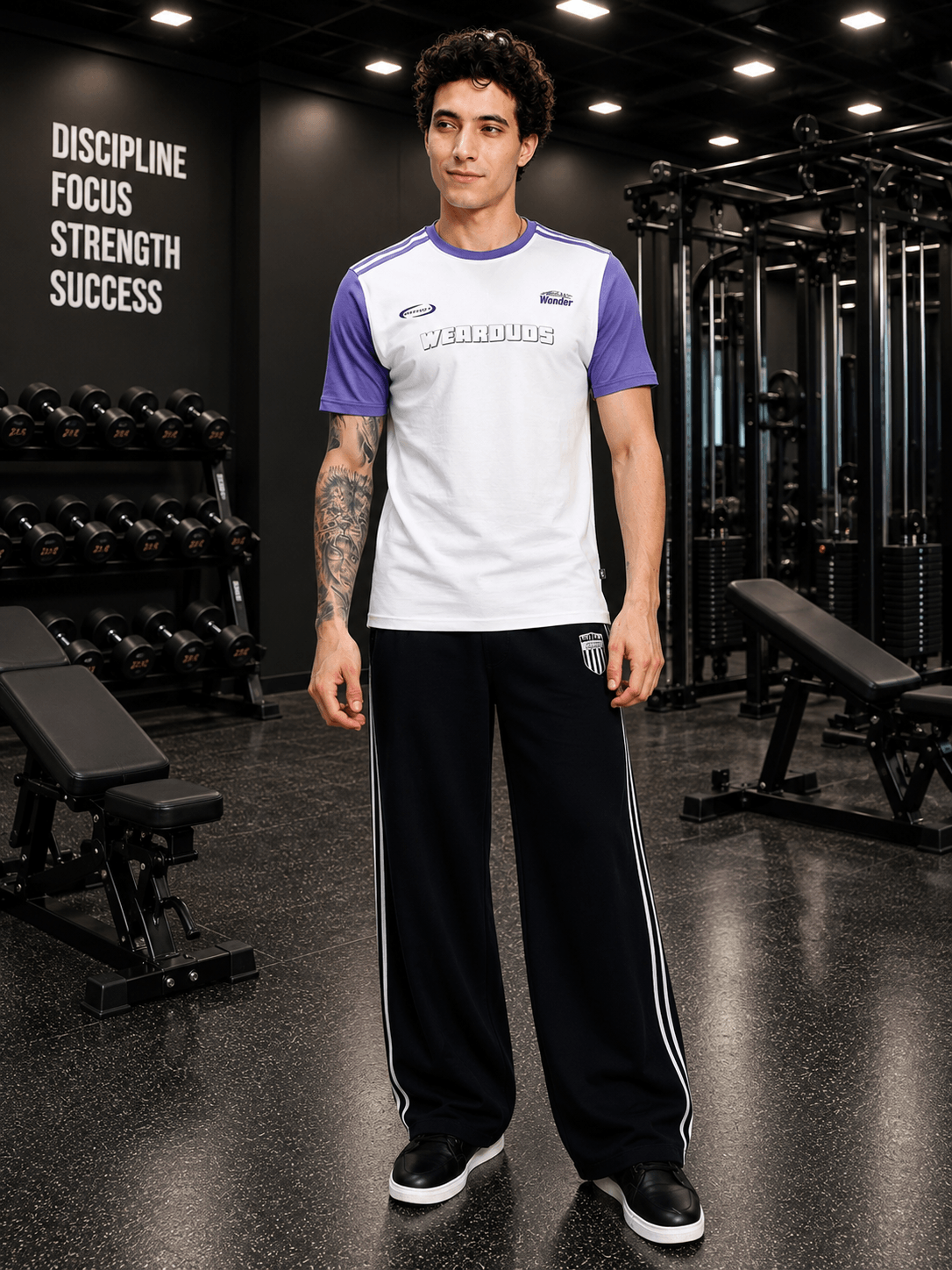 A man wearing BLACK OUT-FIT JOGGERS BLACK stands confidently in a gym setting.