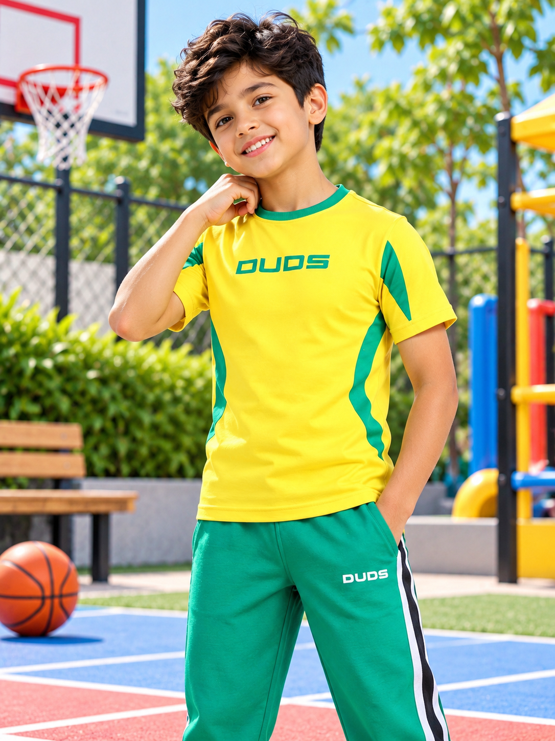 Kids Yellow Jumpy Regular Fit T-Shirt worn by a smiling boy at an outdoor basketball court