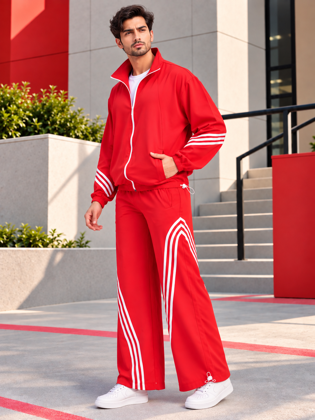 STREETWEAR THREE STRIPE CO-ORD SET FULL ZIPPER RED