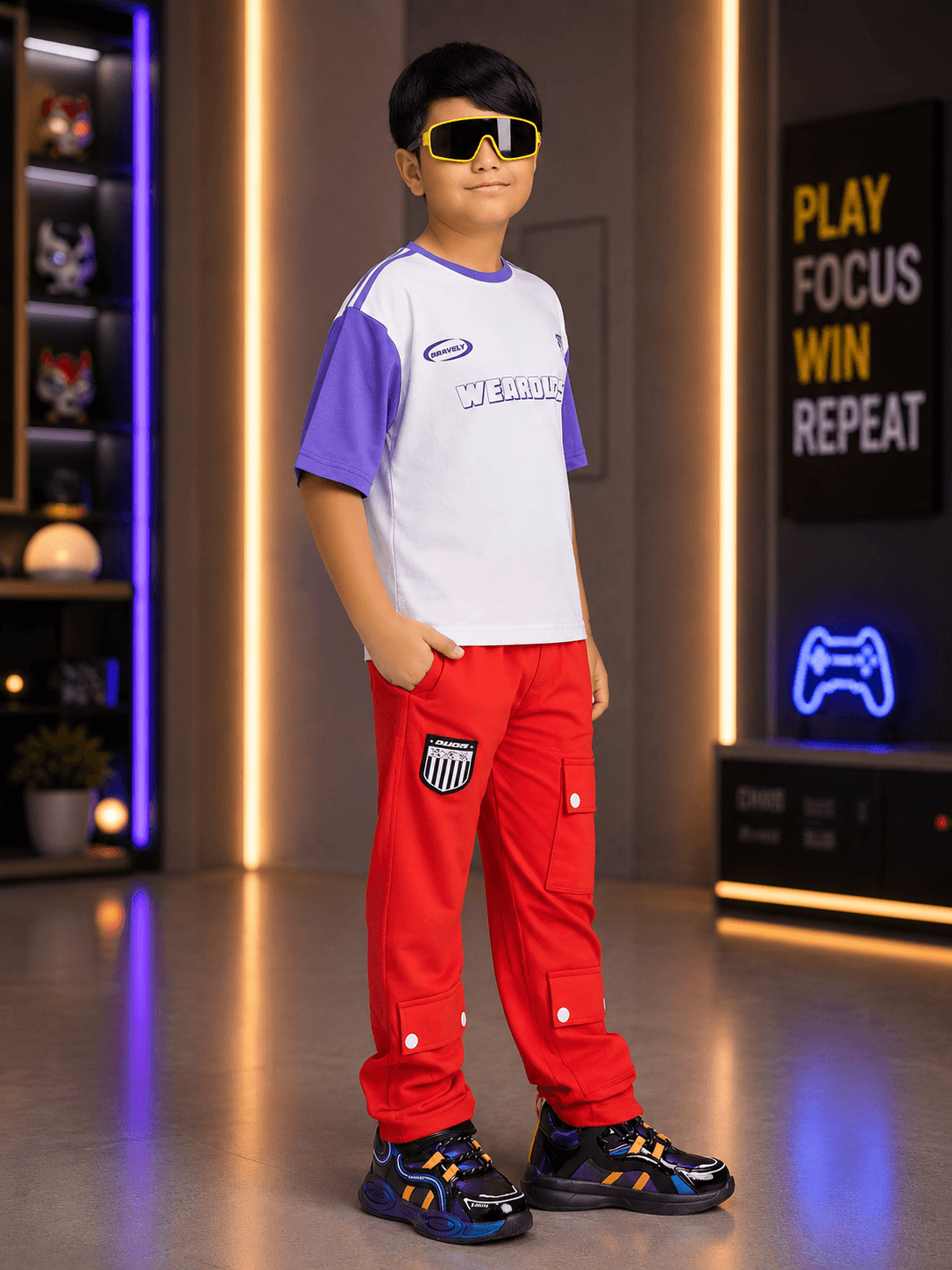 STREET WONDER CO-ORD FOR BOYS GIRLS WHITE RED outfit worn by a boy showcasing trendy streetwear style.
