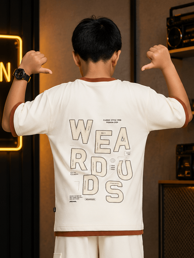 DOWNTOWN T-SHIRT FOR BOYS & GIRLS OFF-WHITE worn by a child, showcasing its unique back design and casual style.