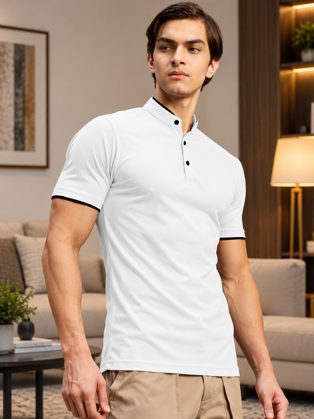 MANDARIN COLLAR POLO T-SHIRT WHITE
