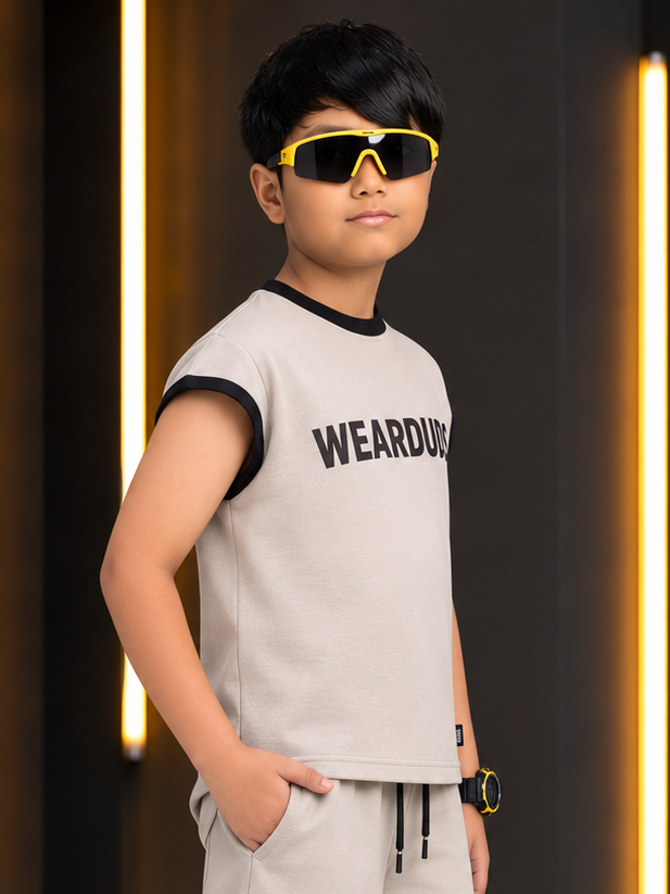 MONO EDGE SLEEVELESS T-SHIRT FOR BOYS GIRLS BEIGE