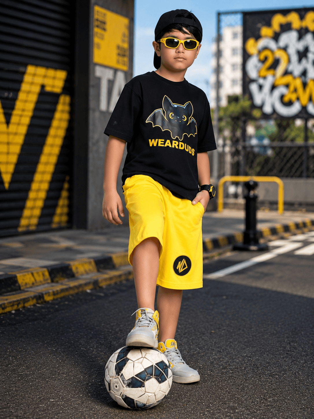 MIDNIGHT BAT CO-ORD FOR BOYS GIRLS BLACK YELLOW outfit worn by a boy standing on a soccer ball.