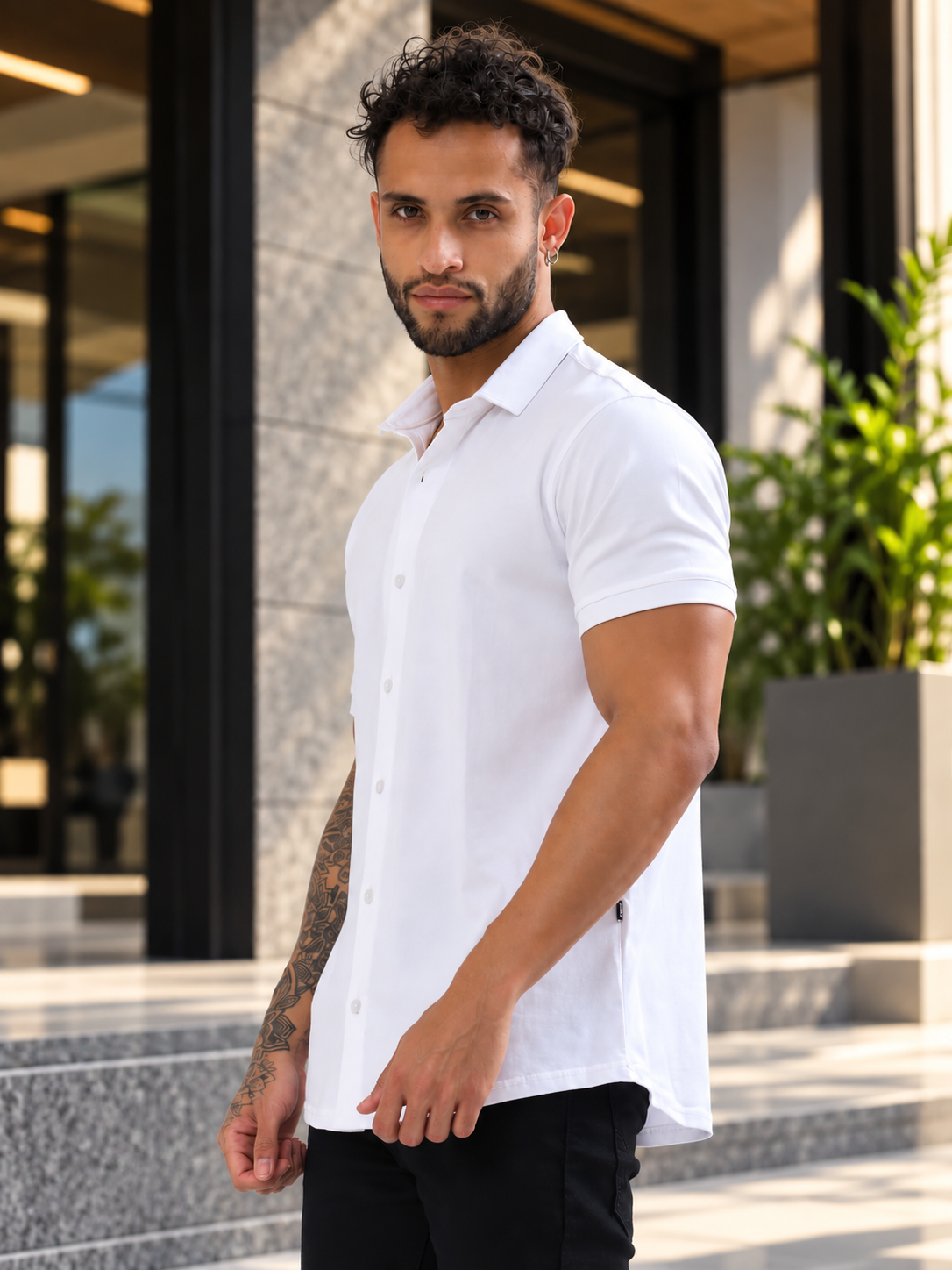 NOIR WHITE HALF-SLEEVE SHIRT SLIM FIT