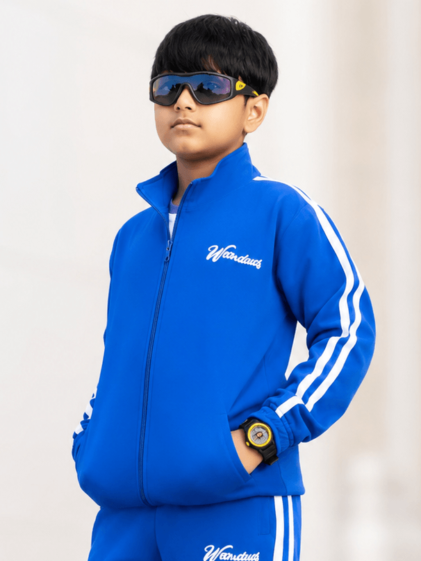 SPORTY ZIP UP JACKET FOR BOYS GIRLS ROYAL BLUE worn by boy wearing sunglasses, stylish and trendy outfit for kids.