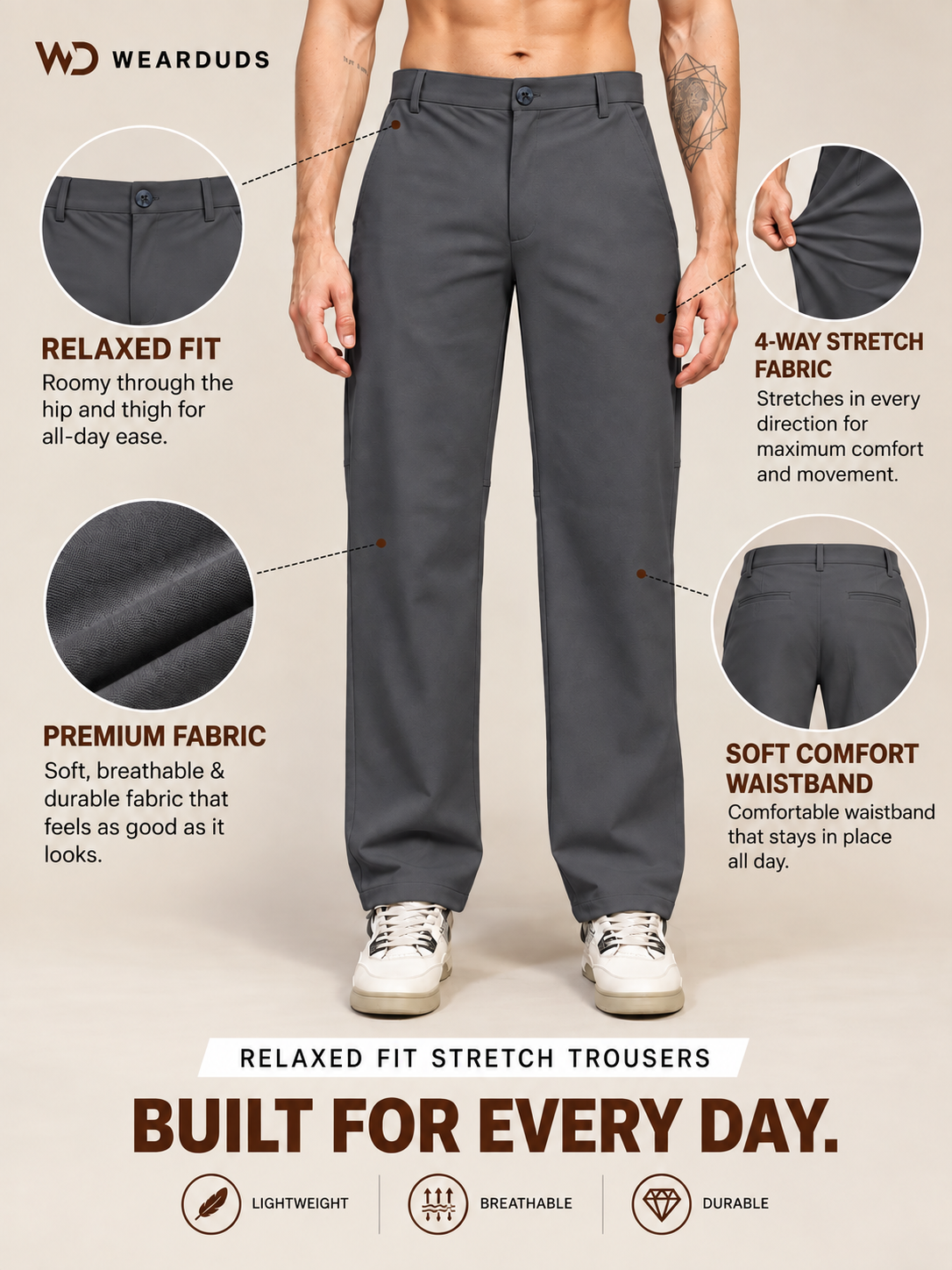 STRETCH STRAIGHT CASUAL PANTS GREY