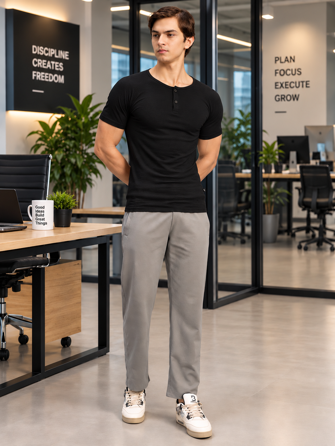 SLEEVE BUTTON HENLEY BLACK