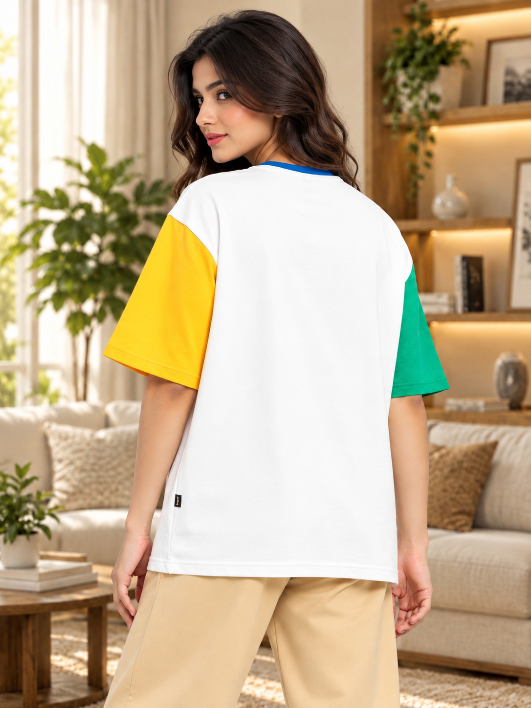 WOMEN CHROMA COLOR BLOCKED OVERSIZED T-SHIRT OFF WHITE