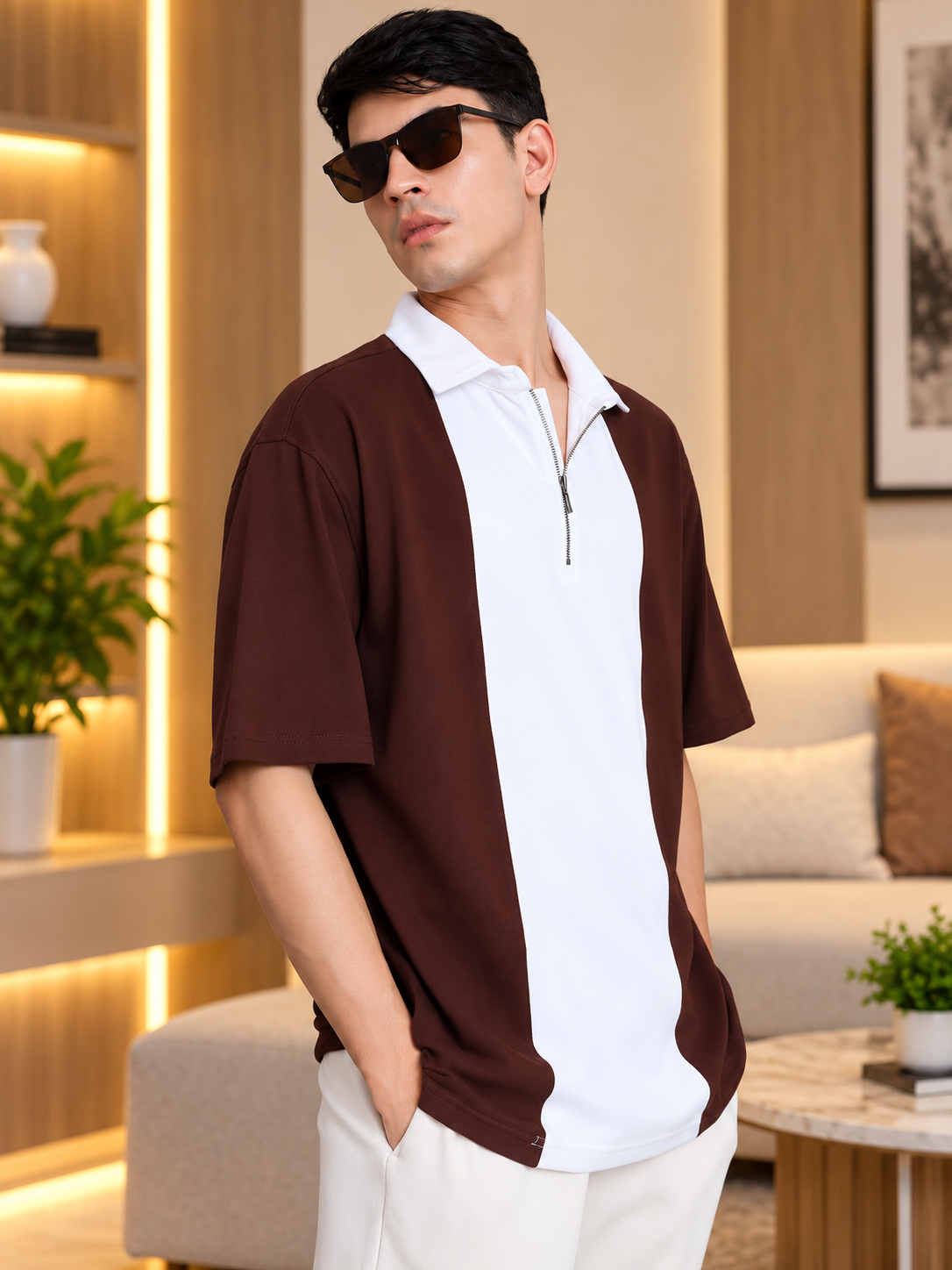 CONTRAST POLO OVERSIZED ZIPPER T-SHIRT BROWN WHITE